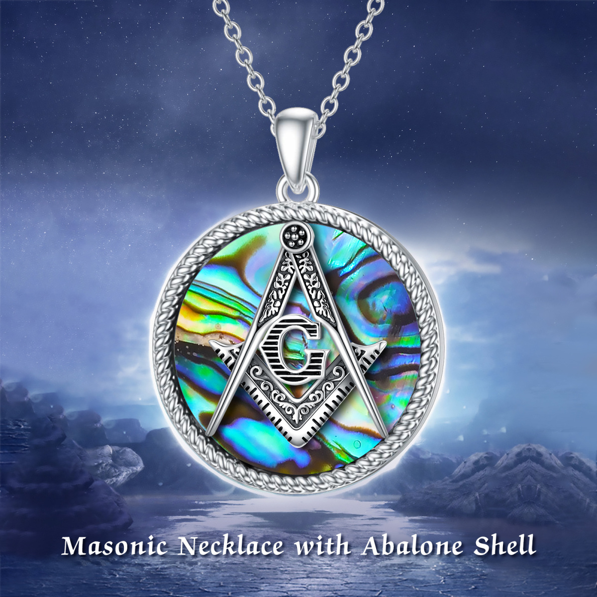 Sterling Silver Abalone Shellfish Masonic Symbol Pendant Necklace for Men-6