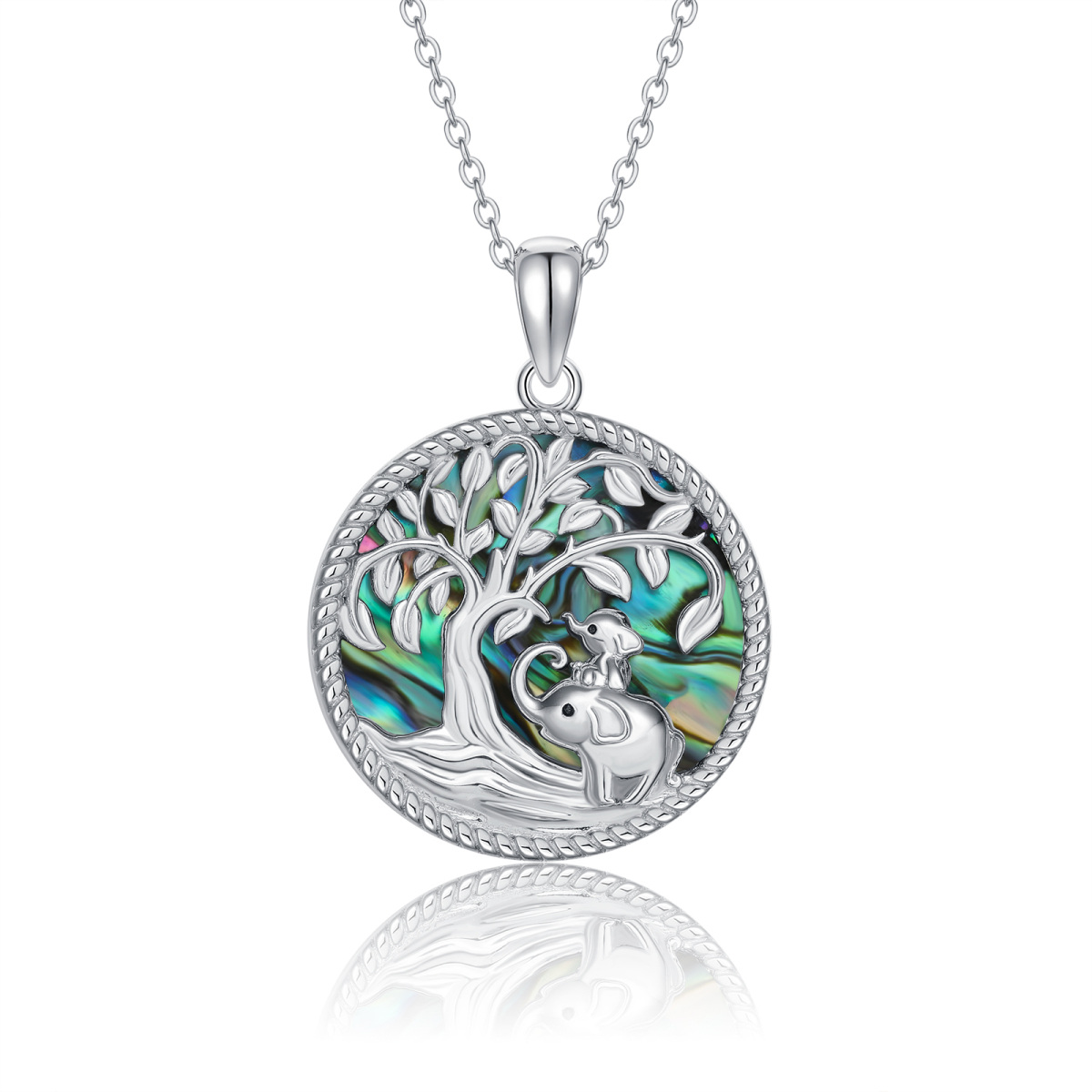 Collier en argent sterling avec pendentif abalone, coquillage, éléphant et arbre de vie-1