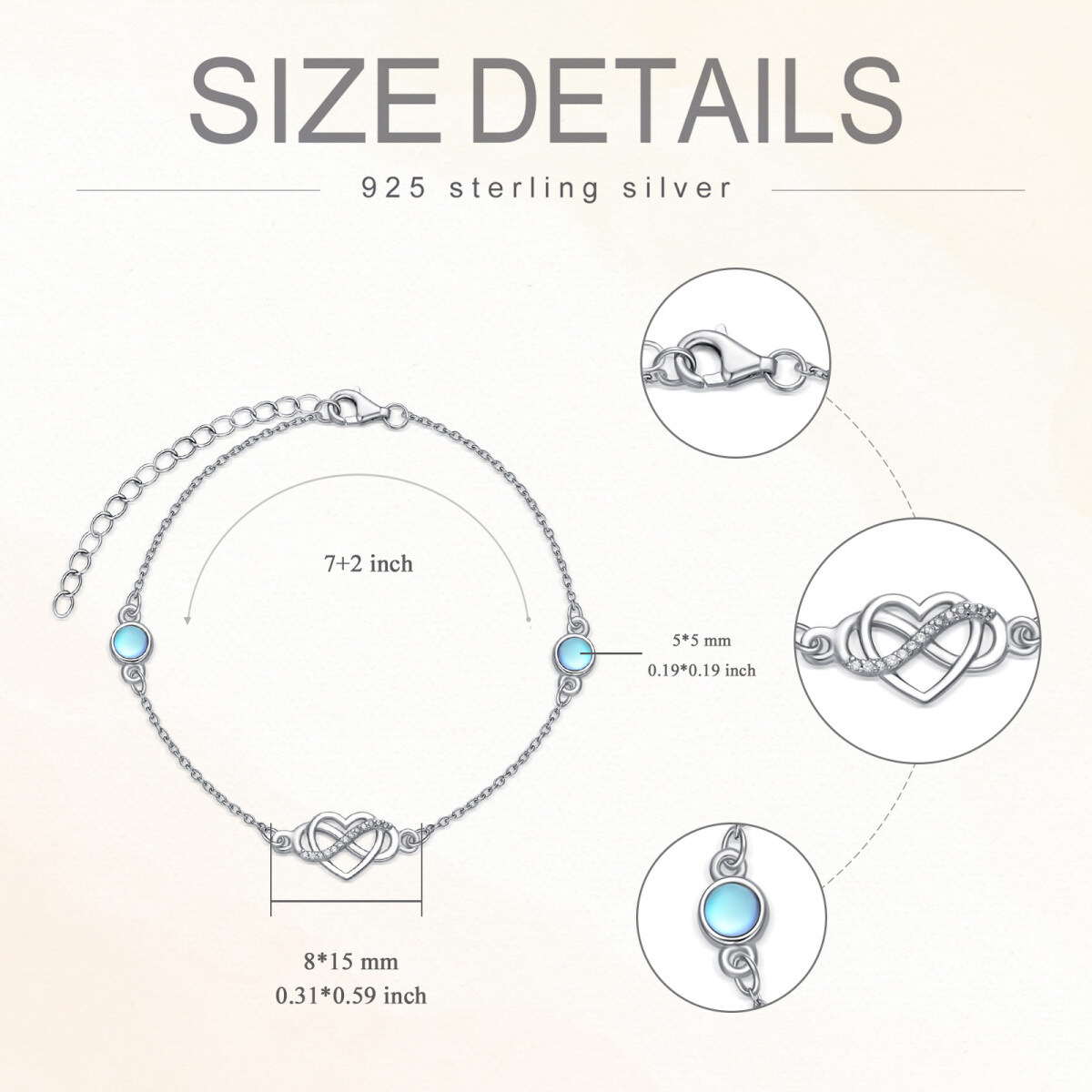 Sterling Silber kreisförmig Mondstein Herz Anhänger Armband-5