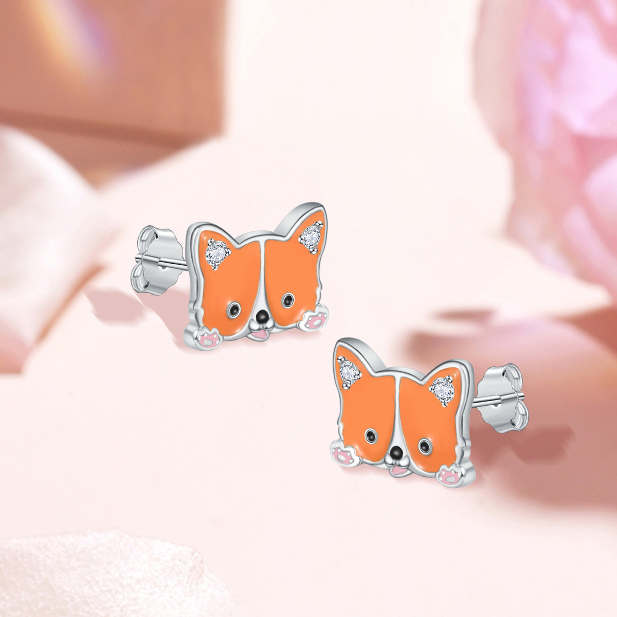 Sterling Silver Circular Shaped Cubic Zirconia Fox Stud Earrings-4