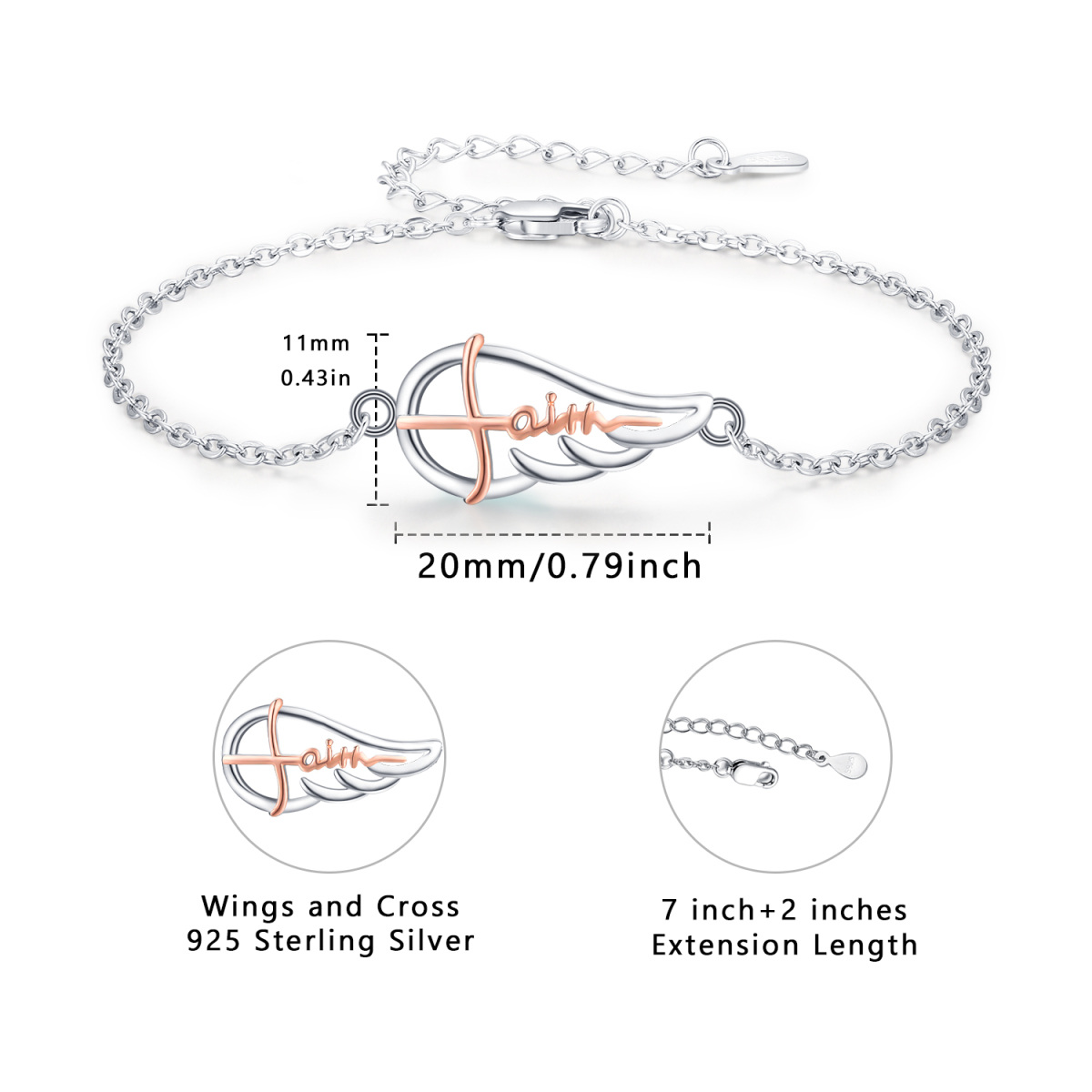 Sterling Silver Two-tone Angel Wing Pendant Bracelet with Engraved Word-5