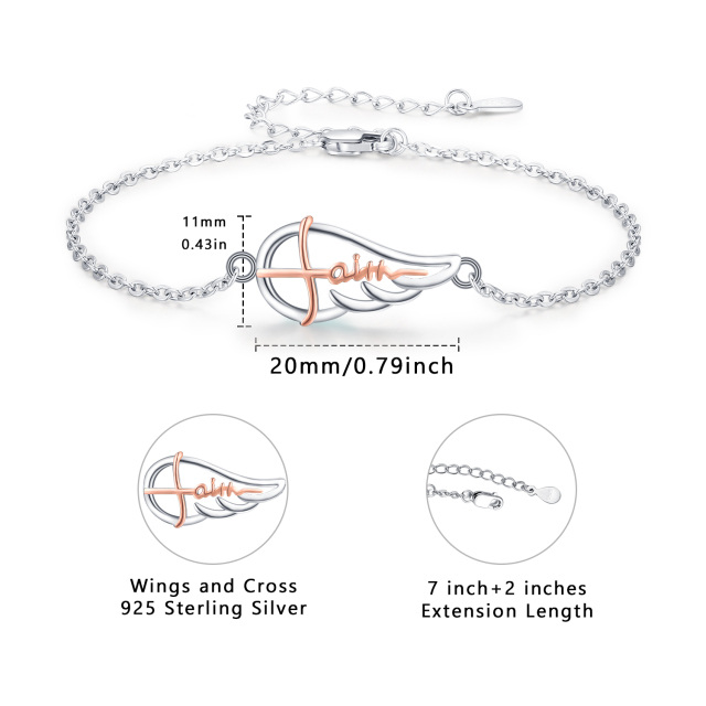Sterling Silver Two-tone Angel Wing Pendant Bracelet with Engraved Word-4