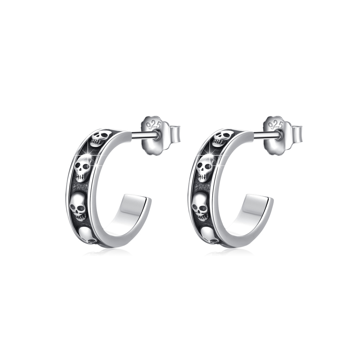 Sterling Silver Skull Hoop Earrings-1