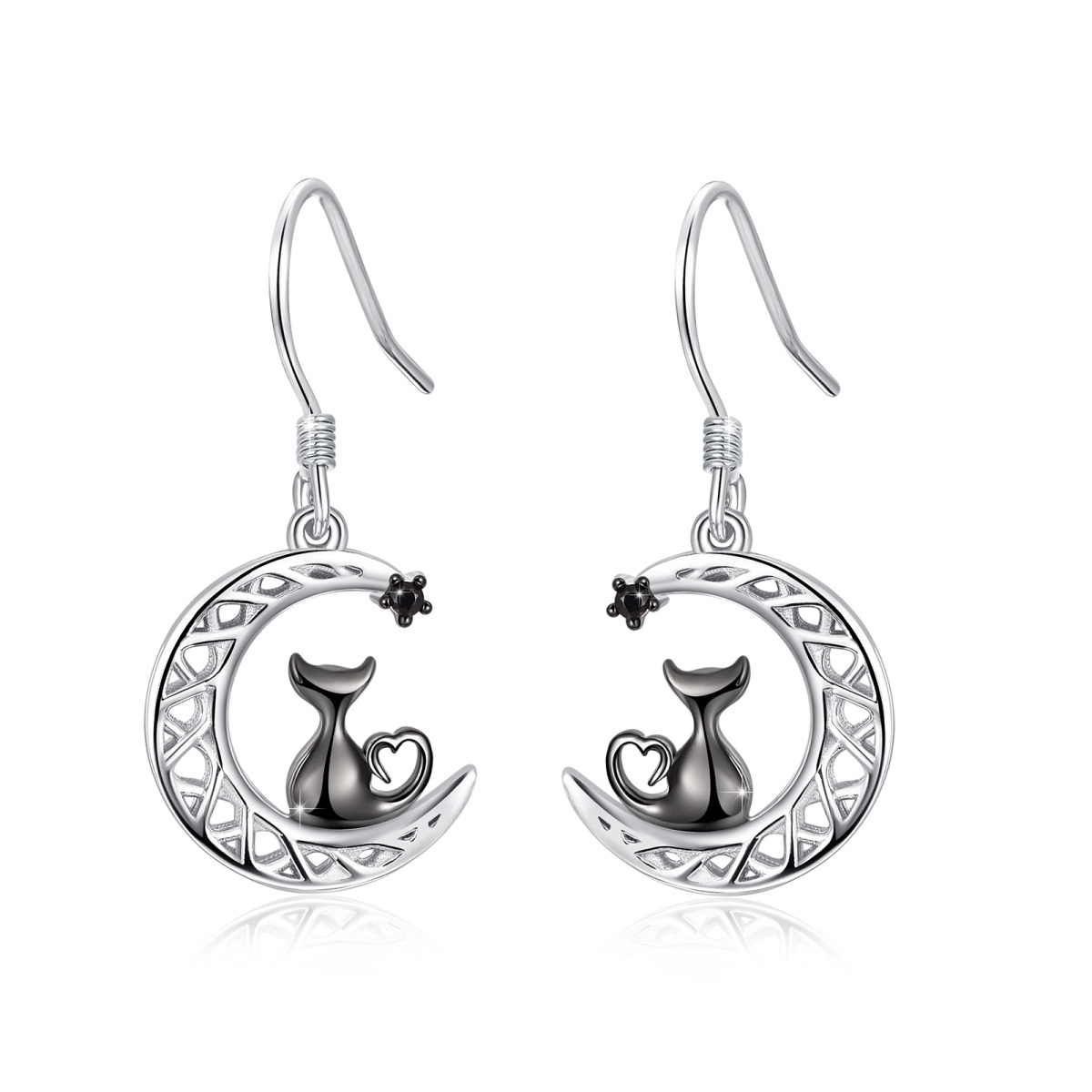 Sterling Silver Two-tone Circular Shaped Cubic Zirconia Cat & Celtic Knot & Moon Drop Earrings-1