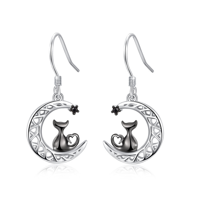 Sterling Silver Two-tone Circular Shaped Cubic Zirconia Cat & Celtic Knot & Moon Drop Earrings-0