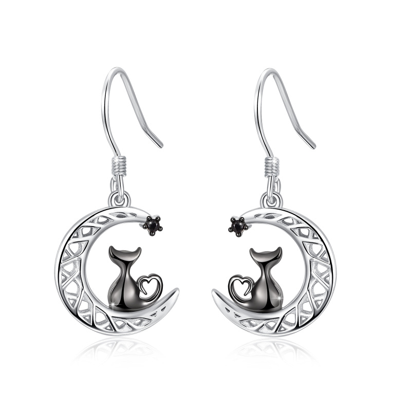 Sterling Silver Two-tone Circular Shaped Cubic Zirconia Cat & Celtic Knot & Moon Drop Earrings