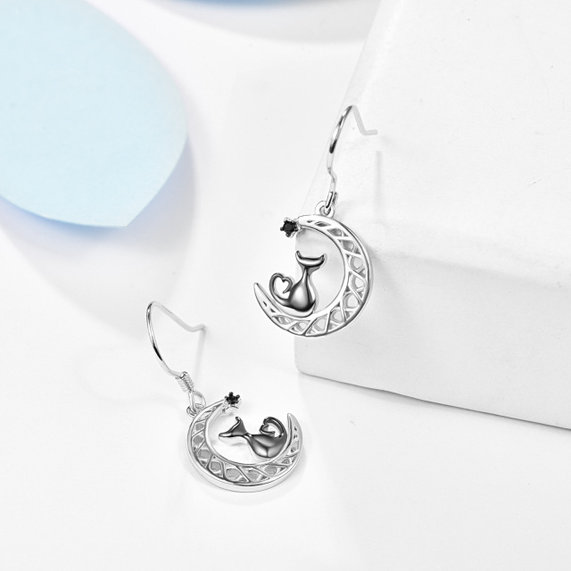 Sterling Silver Two-tone Circular Shaped Cubic Zirconia Cat & Celtic Knot & Moon Drop Earrings-3