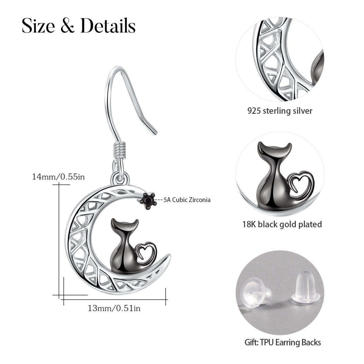 Sterling Silver Two-tone Circular Shaped Cubic Zirconia Cat & Celtic Knot & Moon Drop Earrings-5