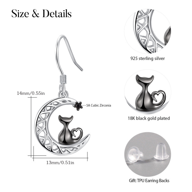 Sterling Silver Two-tone Circular Shaped Cubic Zirconia Cat & Celtic Knot & Moon Drop Earrings-4