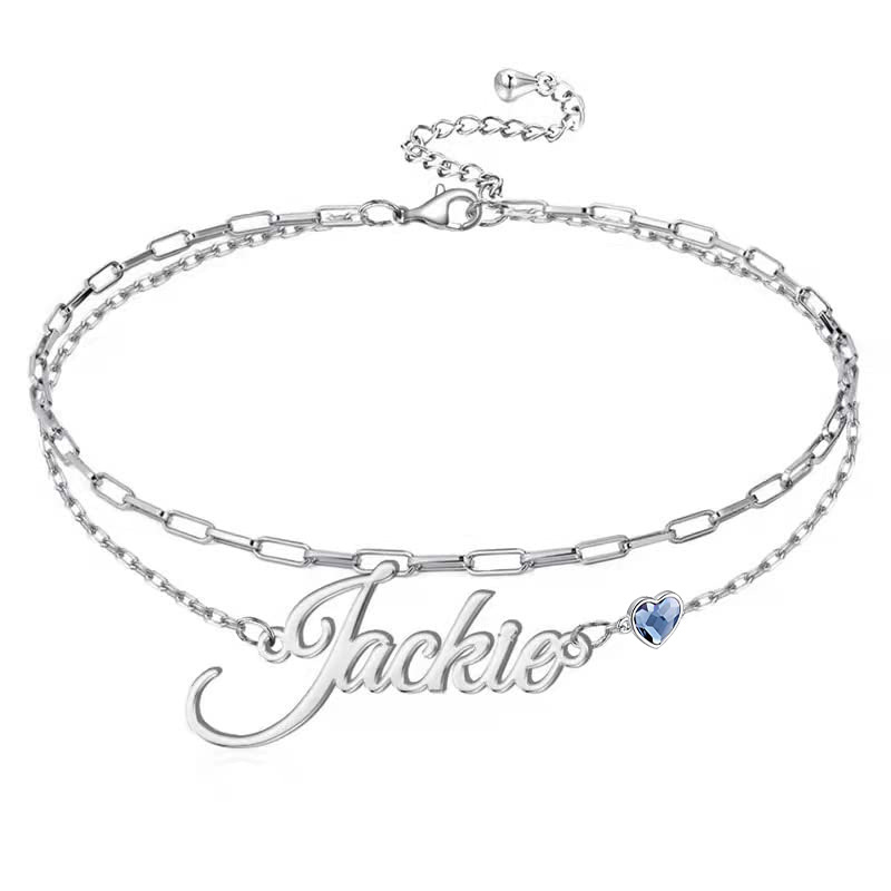 Sterling Silver Heart Shaped Cubic Zirconia Personalized Birthstone & Personalized Engraving Multi-layered Chain Anklet-1