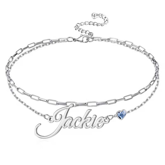 Sterling Silver Heart Shaped Cubic Zirconia Personalized Birthstone & Personalized Engraving Multi-layered Chain Anklet