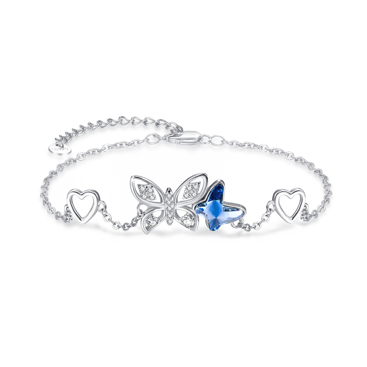 Sterling Silver Blue Crystal Butterfly & Heart Pendant Bracelet-1