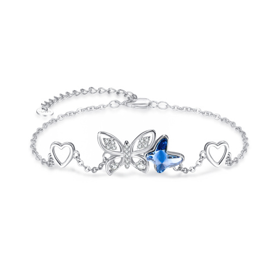 Sterling Silver Blue Crystal Butterfly & Heart Pendant Bracelet