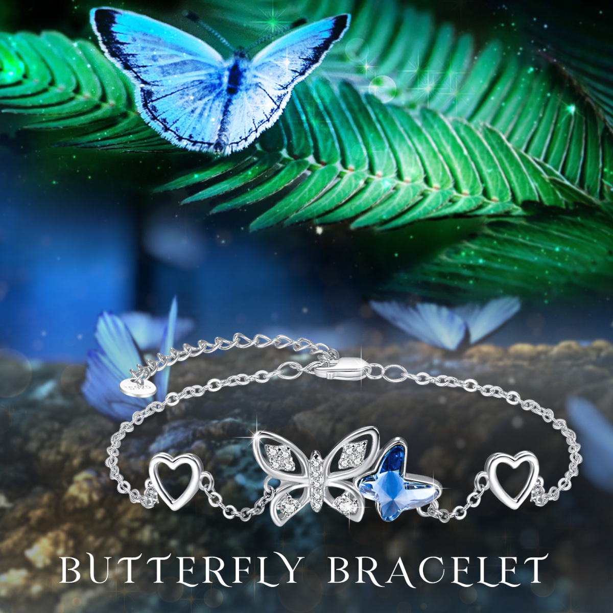 Sterling Silber Blau Kristall Schmetterling & Herz Anhänger Armband-6
