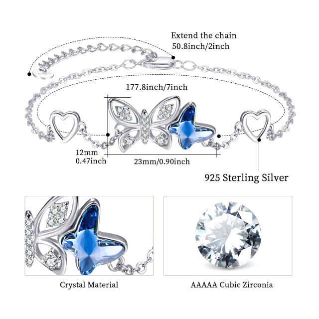 Sterling Silver Blue Crystal Butterfly & Heart Pendant Bracelet-4
