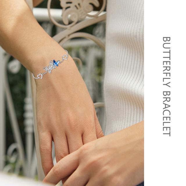 Sterling Silver Blue Crystal Butterfly & Heart Pendant Bracelet-2