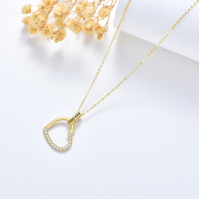 14K Gold Cubic Zirconia Heart Pendant Necklace with Engraved Word-3