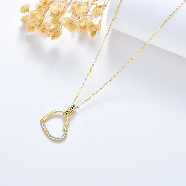 14K Gold Cubic Zirconia Heart Pendant Necklace with Engraved Word-4