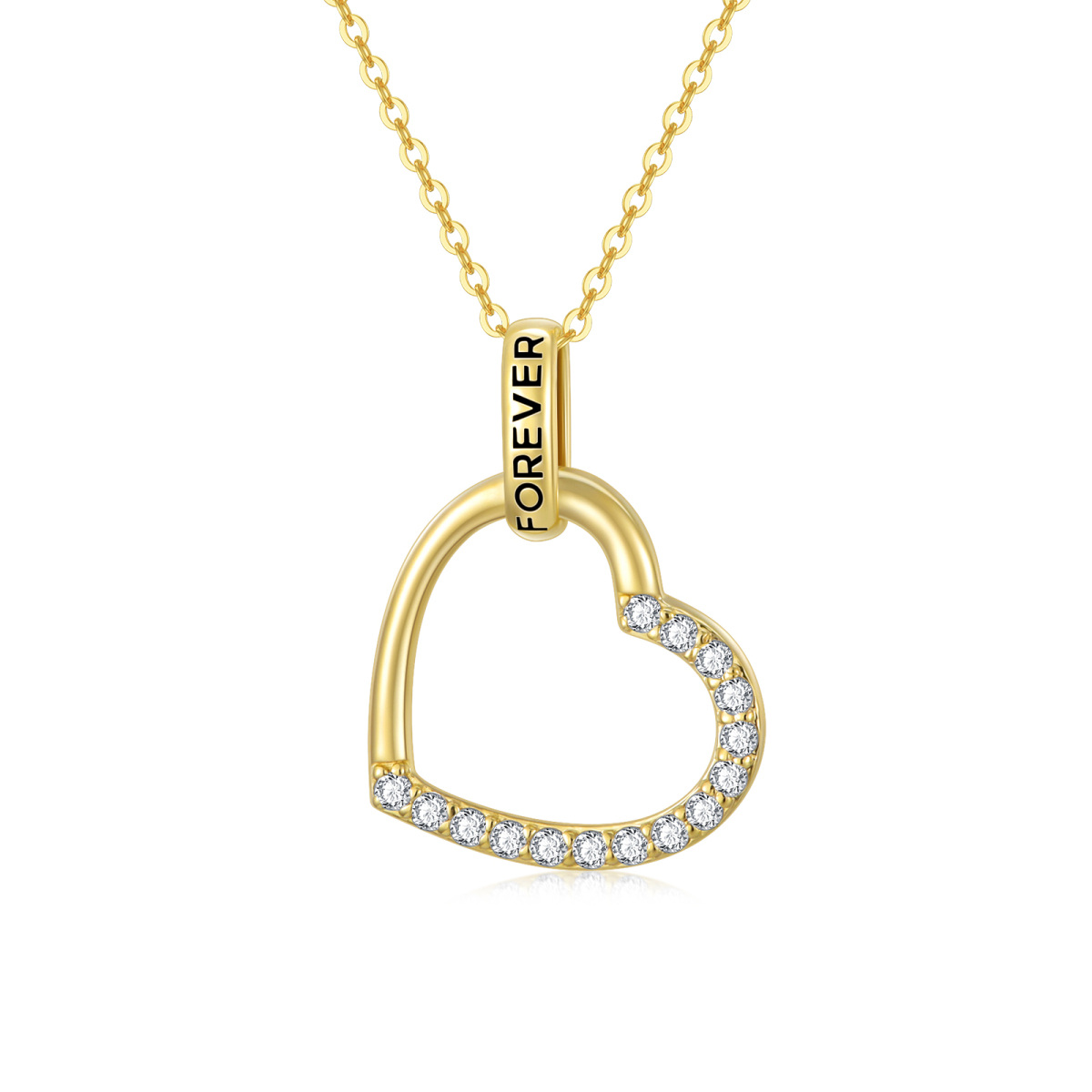 14K Gold Cubic Zirconia Heart Pendant Necklace with Engraved Word-1