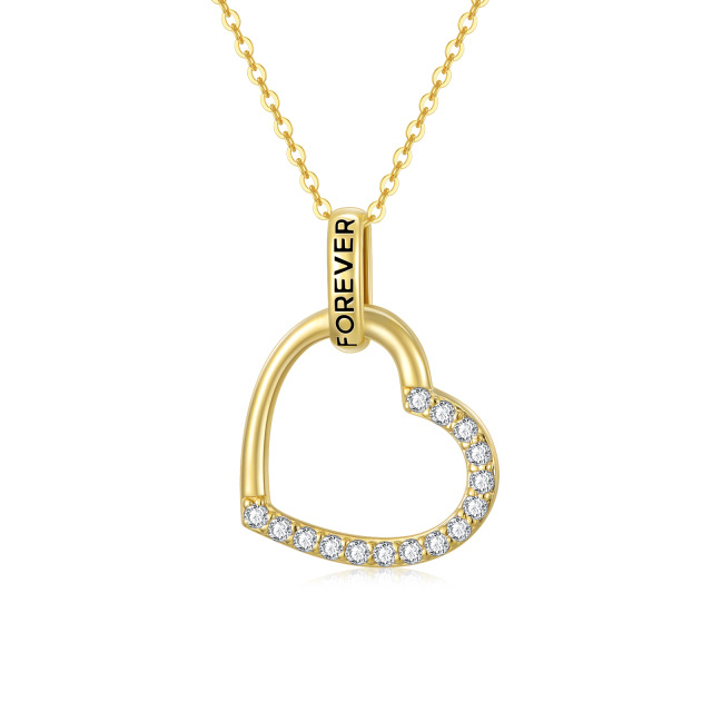 14K Gold Cubic Zirconia Heart Pendant Necklace with Engraved Word-0