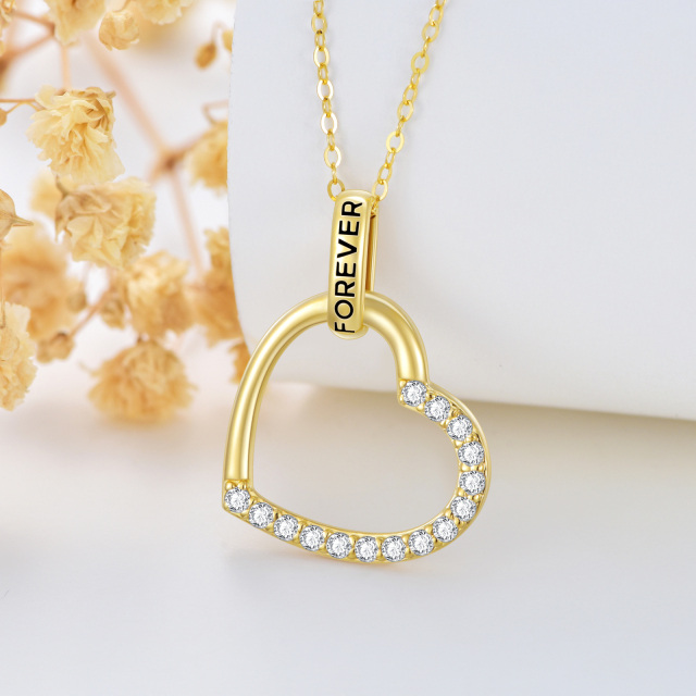 14K Gold Cubic Zirconia Heart Pendant Necklace with Engraved Word-2