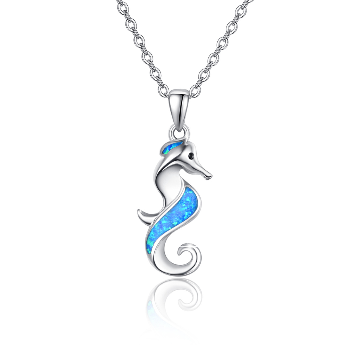 Sterling Silver Opal Hippocampus Pendant Necklace-1