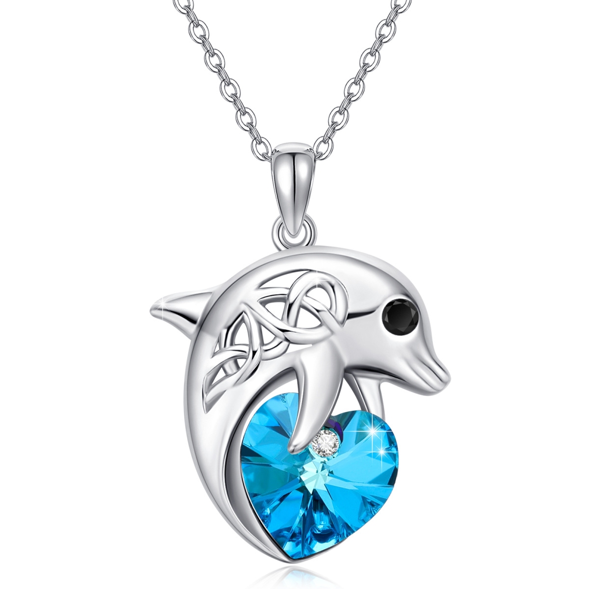 Sterling Silver Heart Shaped Crystal Dolphin & Heart Pendant Necklace-1