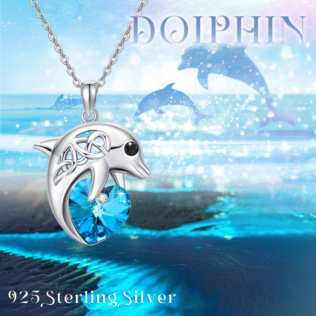 Sterling Silver Heart Shaped Crystal Dolphin & Heart Pendant Necklace-5