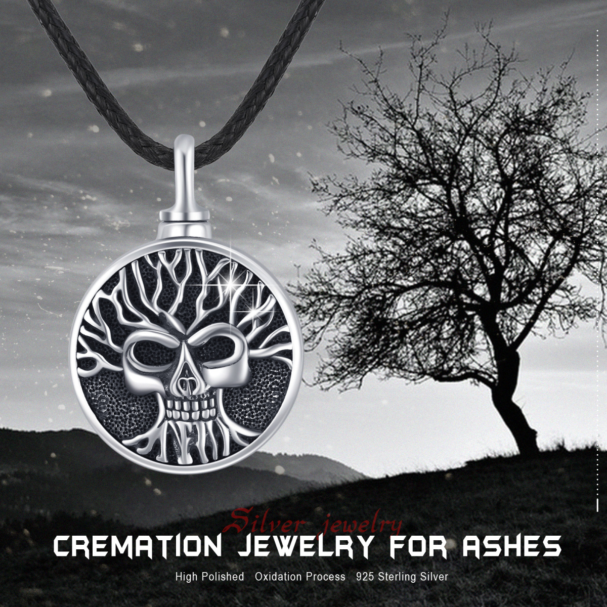 Sterling Silver Tree Of Life & Skull Urn Necklace for Ashes-7
