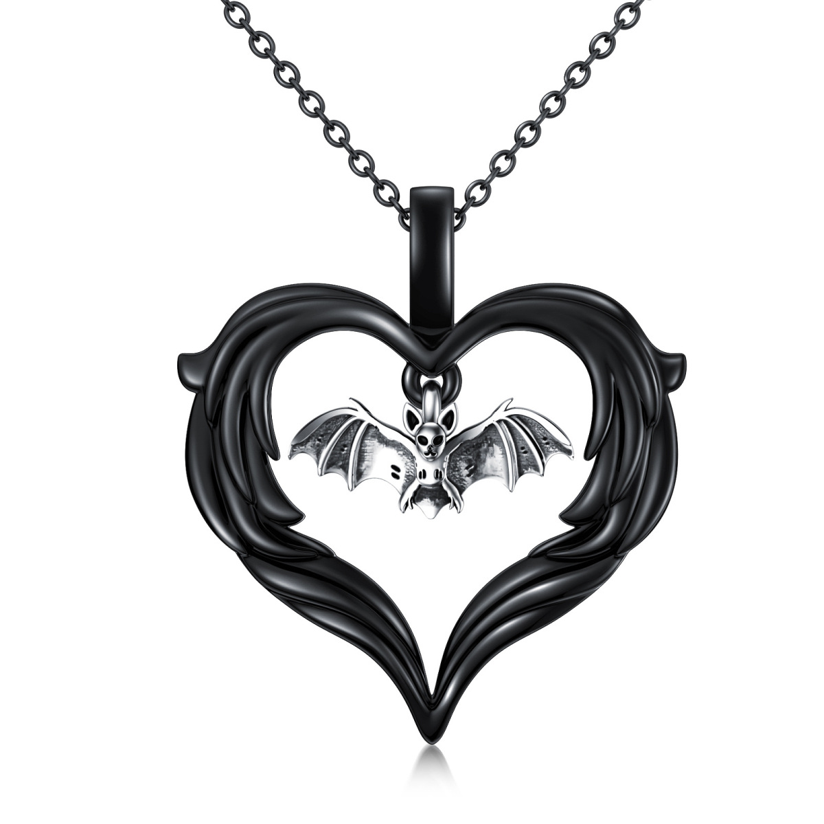 Sterling Silver Two-tone Bat & Heart Pendant Necklace-1