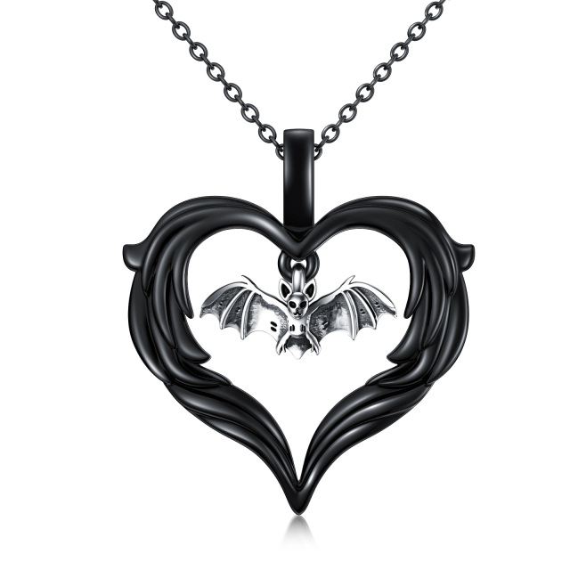 Sterling Silver Two-tone Bat & Heart Pendant Necklace-0