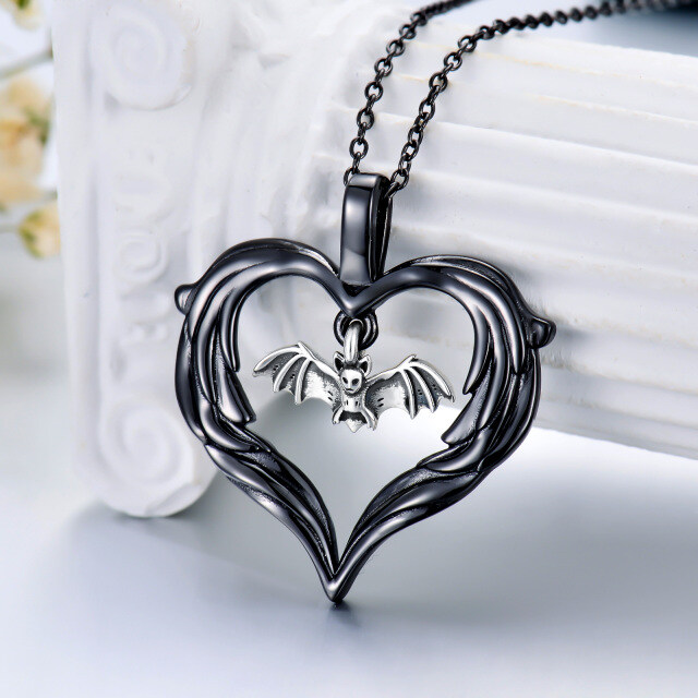 Sterling Silver Two-tone Bat & Heart Pendant Necklace-3