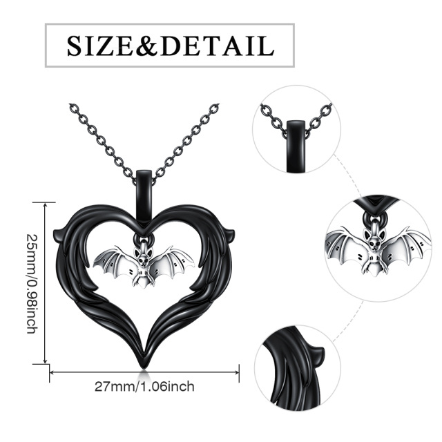 Colar de prata esterlina com pingente de morcego e coração em dois tons-4