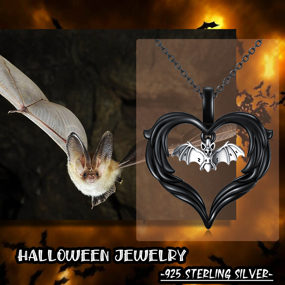 Collar colgante murciélago y corazón de plata de ley bicolor-6