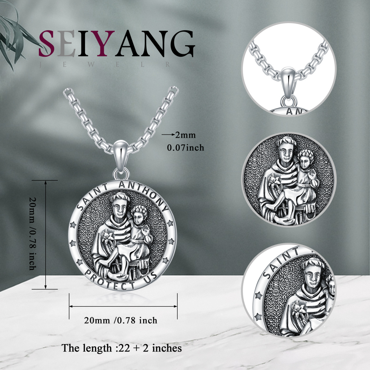 Sterling Silver St. Anthony Coin Pendant Necklace with Engraved Word for Men-5