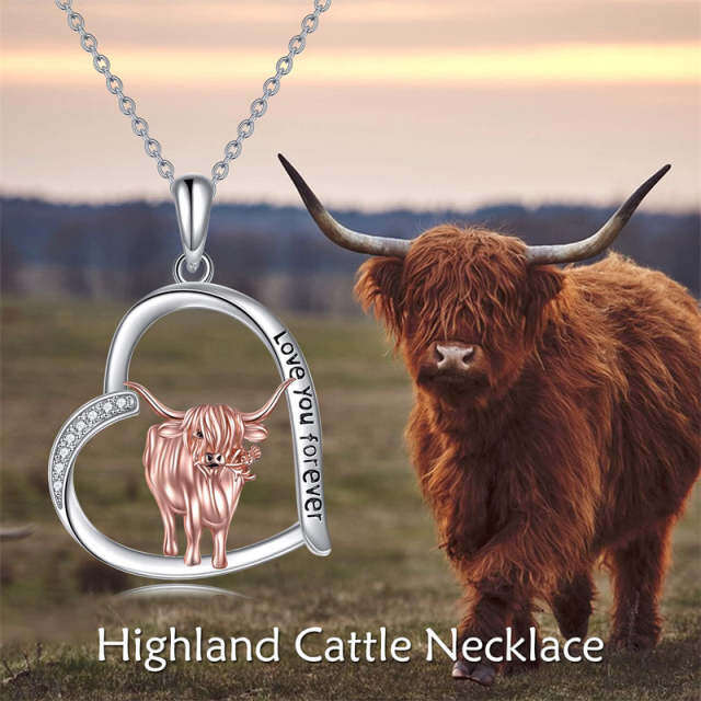 Plata de ley Cubic Zirconia Highland Vaca y Corazón Colgante Collar Grabado I Love You Forever-5