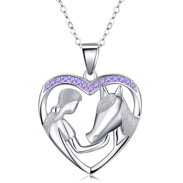 Sterling Silver Circular Shaped Cubic Zirconia Horse Pendant Necklace-1