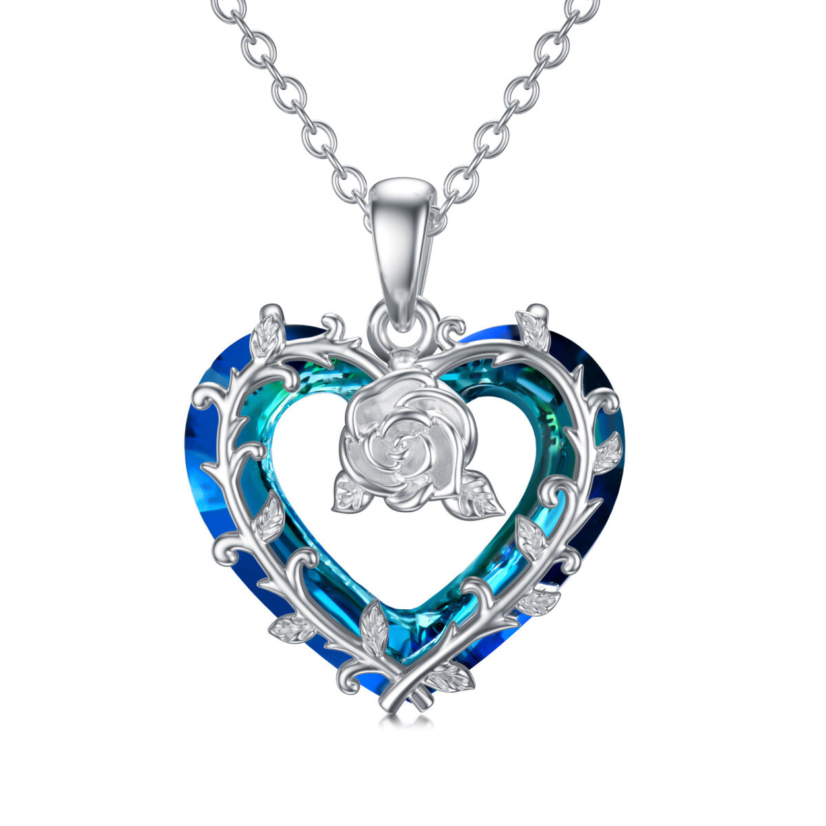 Sterling Silver Heart Shaped Rose & Heart Crystal Pendant Necklace-1