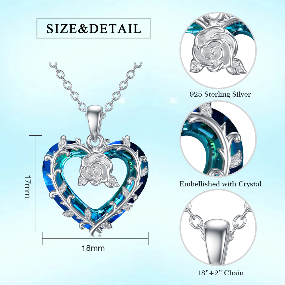 Sterling Silver Heart Shaped Rose & Heart Crystal Pendant Necklace-5