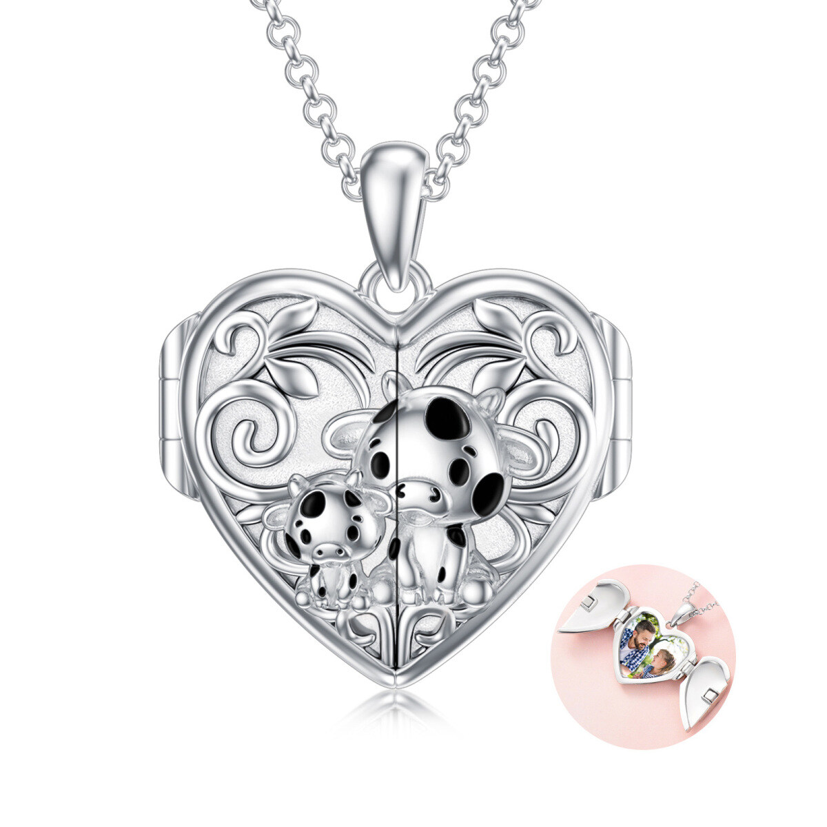 Sterling Silver Cow Personalized Photo Locket Necklace-1