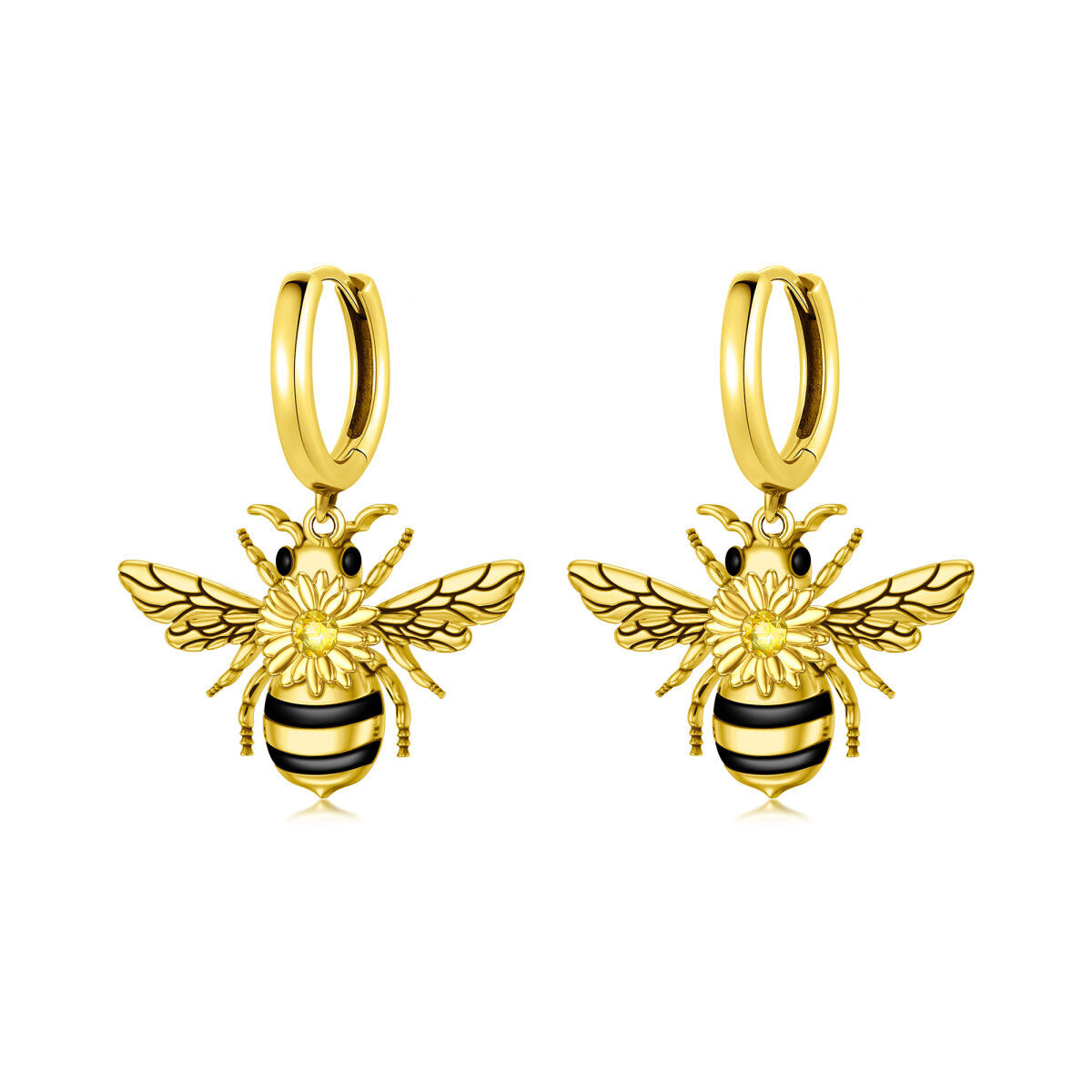 Sterling Silver with Yellow Gold Plated Circular Shaped Cubic Zirconia Bee Drop Earrings-1