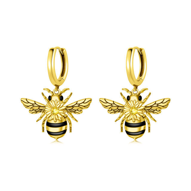 Sterling Silver with Yellow Gold Plated Circular Shaped Cubic Zirconia Bee Drop Earrings-2