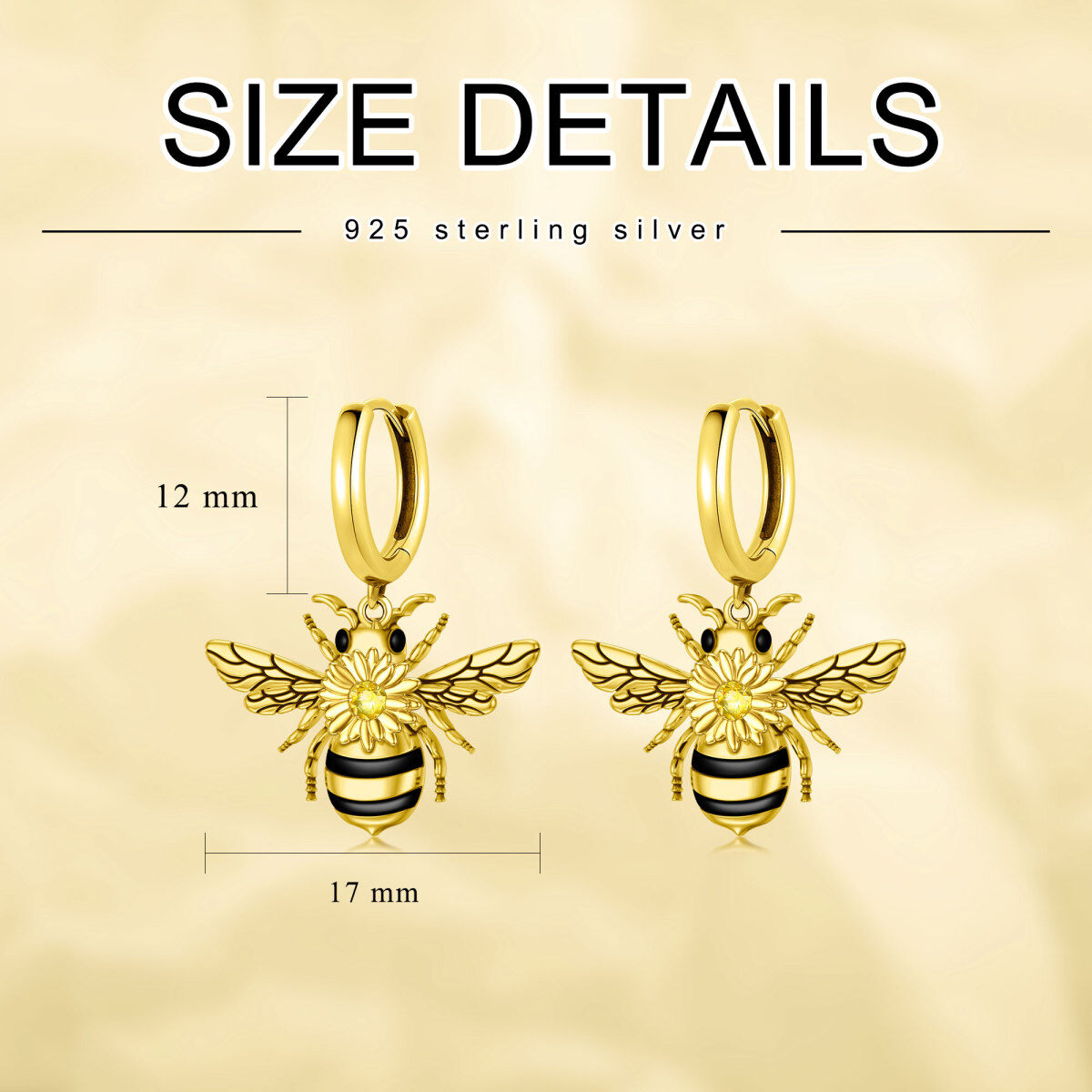 Sterling Silver with Yellow Gold Plated Circular Shaped Cubic Zirconia Bee Drop Earrings-5