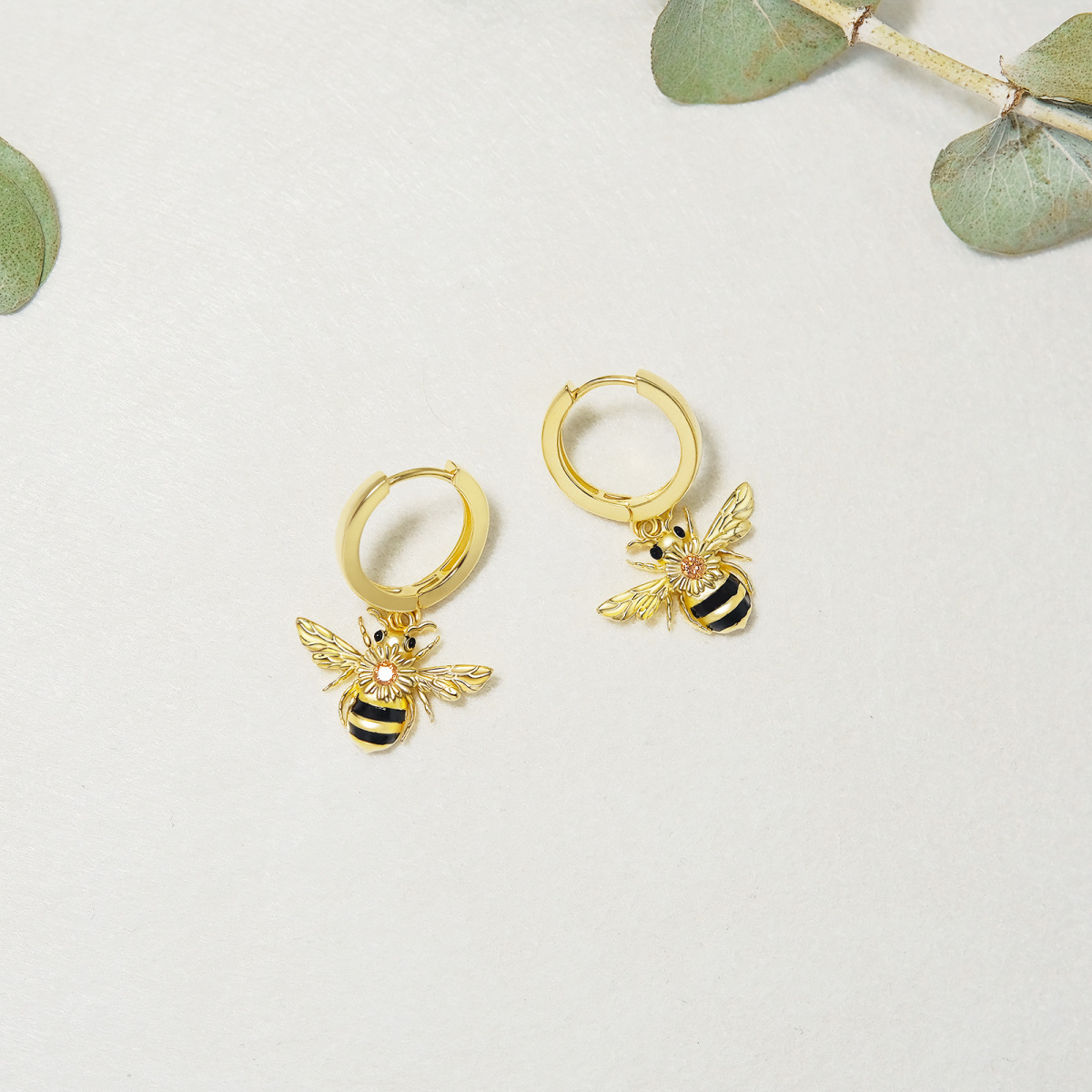 Sterling Silver with Yellow Gold Plated Circular Shaped Cubic Zirconia Bee Drop Earrings-4