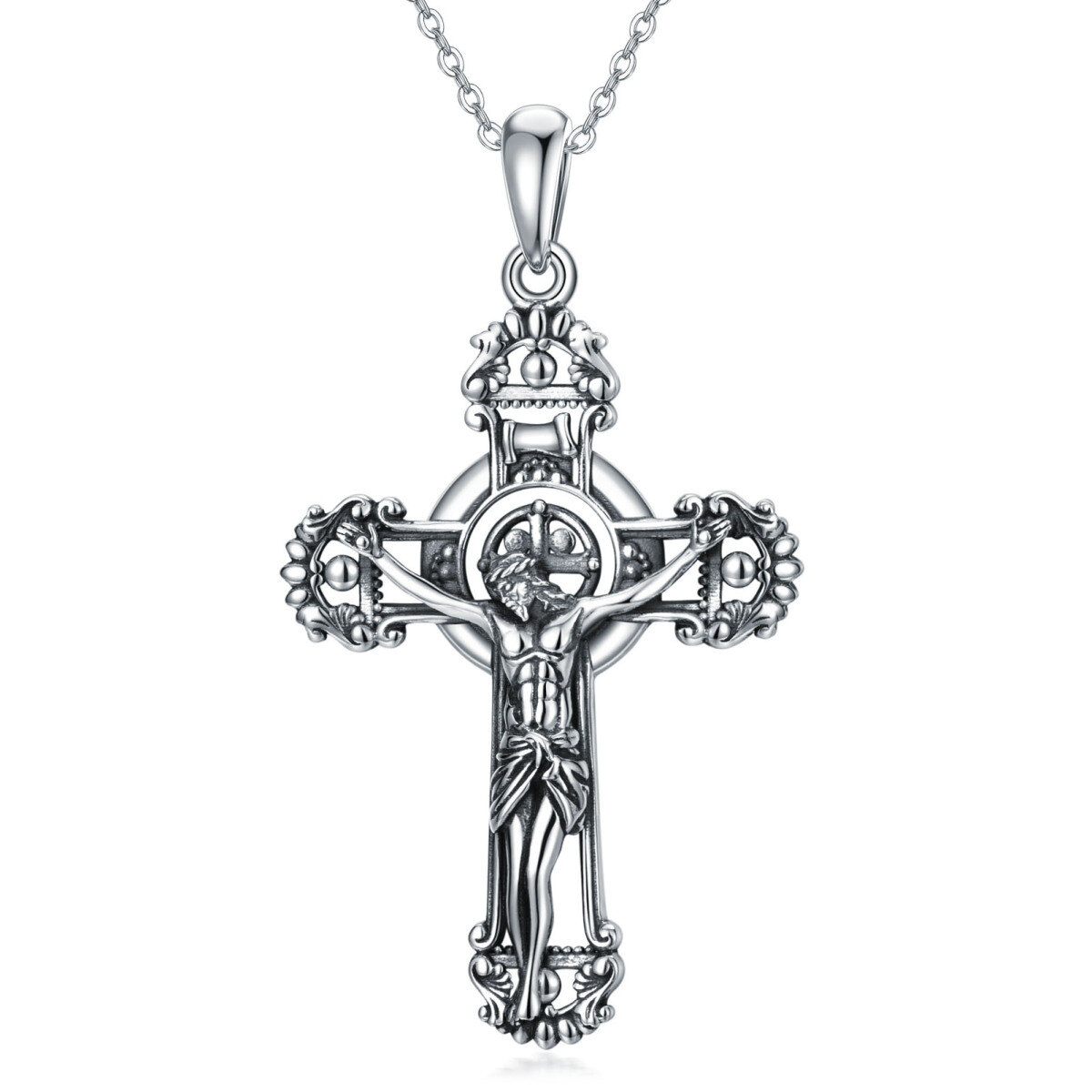 Sterling Silber mit schwarzem Rhodium Allah & Kreuz Anhänger Halskette-1