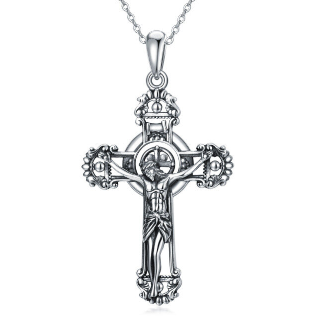 Sterling Silver with Black Rhodium Allah & Cross Pendant Necklace-0