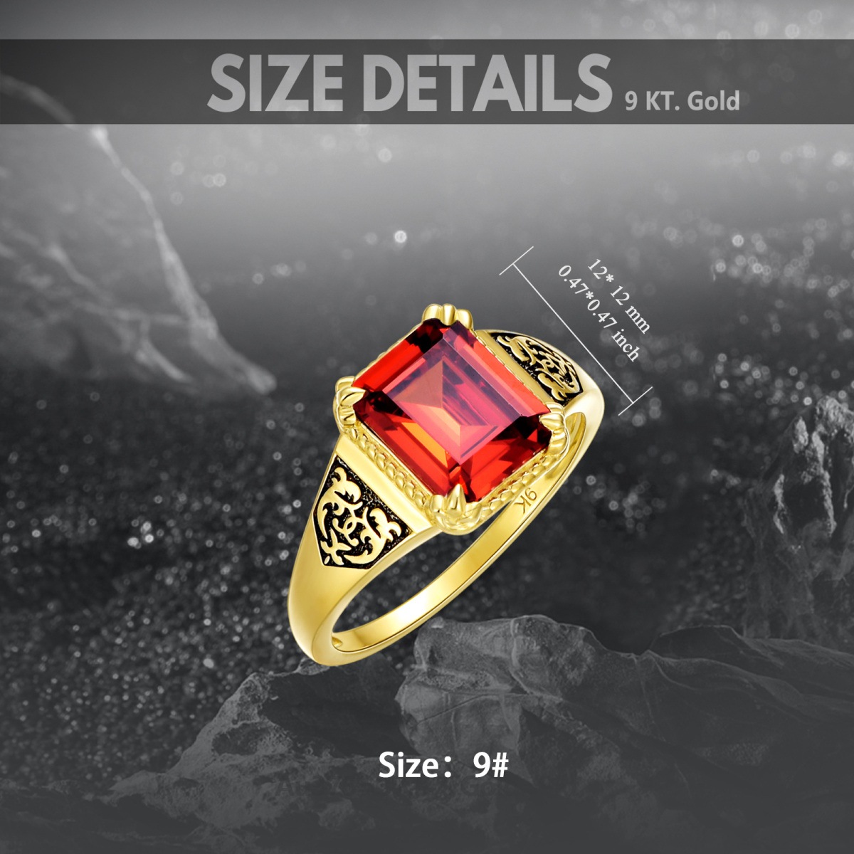 9K Gold Princess Square Garnet Cubic Zirconia Ring-4