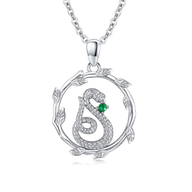 Sterling Silver Circular Shaped Cubic Zirconia Snake Leaves Pendant Necklace-1