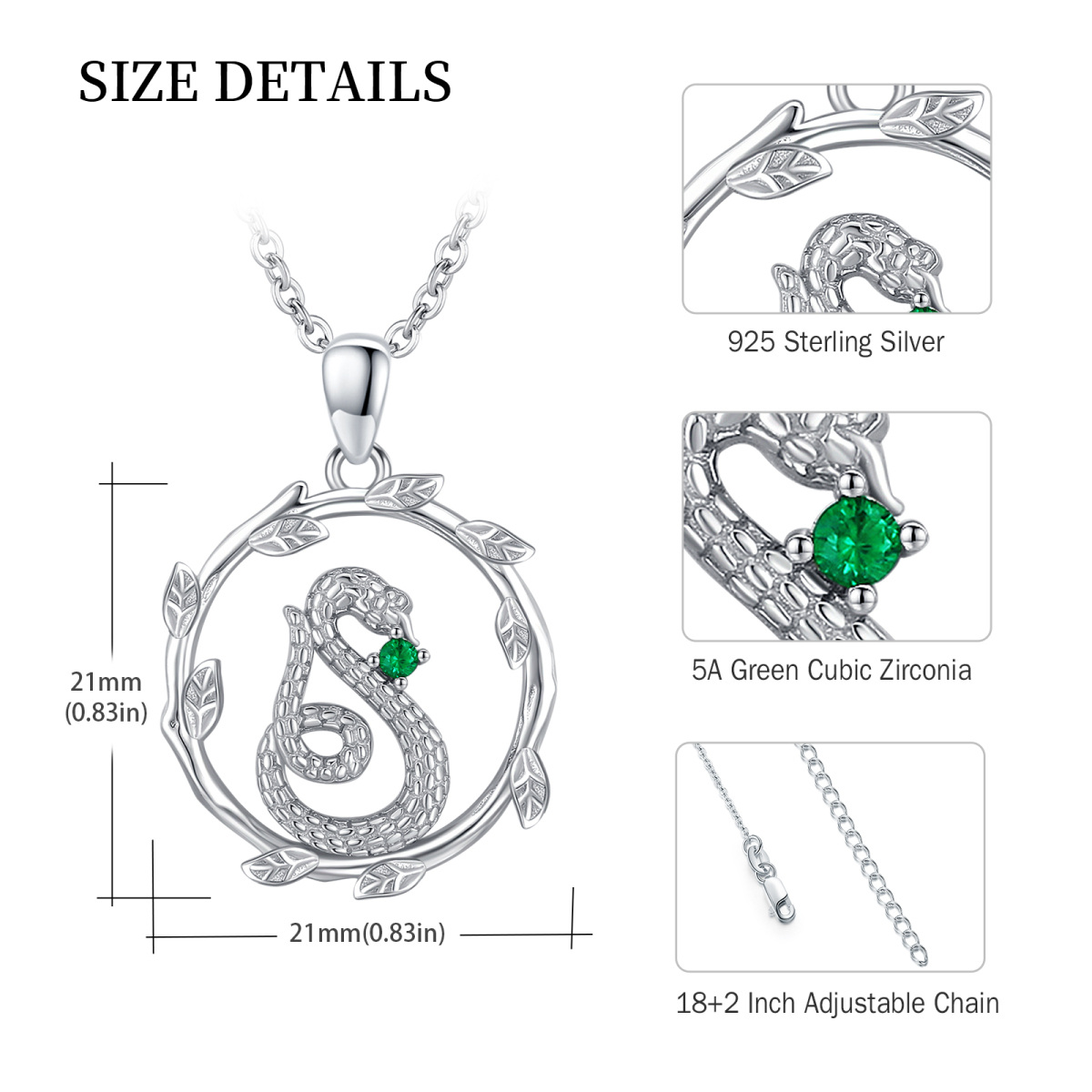 Sterling Silver Circular Shaped Cubic Zirconia Snake & Leaves Pendant Necklace-5