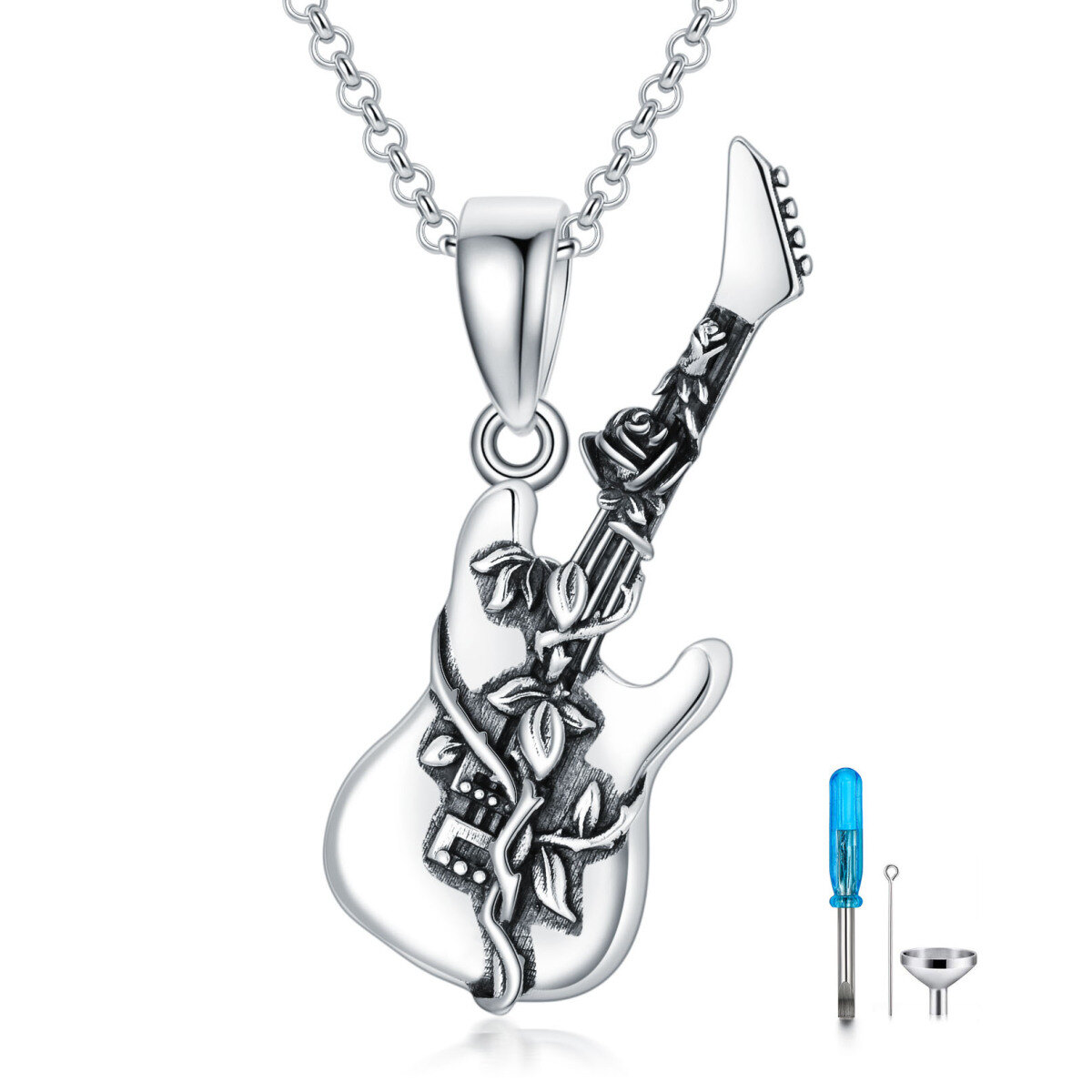 Urnenhalskette mit Gitarre aus Sterlingsilber mit schwarzem Rhodium für die Asche-1